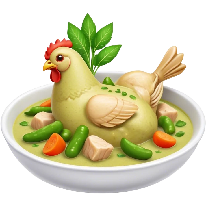 Green Chicken Curry Cinematic Realistic Green Chicken Curry Dish Emoji, depicted as tender chicken chunks simmered in a fragrant green curry sauce with vegetables, rendered with vivid textures and dynamic, vibrant lighting. emoji