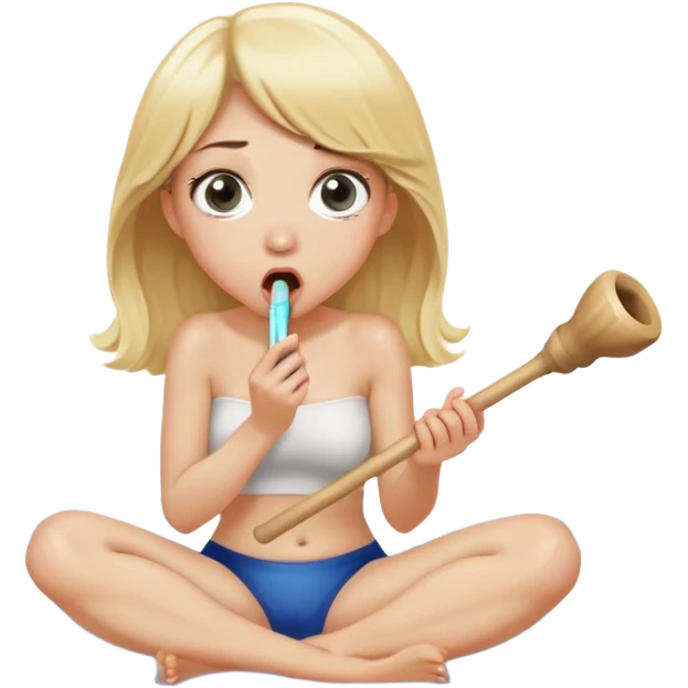 blond woman sitting on her knees with wide eyes, holding a wide skin-colored stick with a D-shaped knob, the knob has skin texture, water squirting from the flat side of the knob into her mouth, shocked face emoji