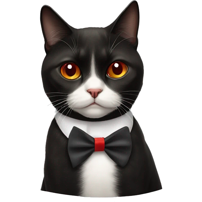 Grumpy black cat with white triangle marking only under the  chin ( nose is back, nose bridge is black, chin is white, chest is white) wearing a red bow tie  emoji