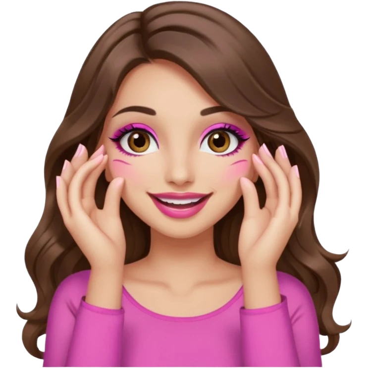 girl with long wavy brown hair, brown eyes, long lashes makeup, sexy pink lips, light to medium complexion, pink sexy top, smiling, hand covering eyes emoji