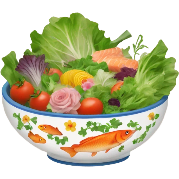 floral vintage bowl filled with salad and fish  emoji