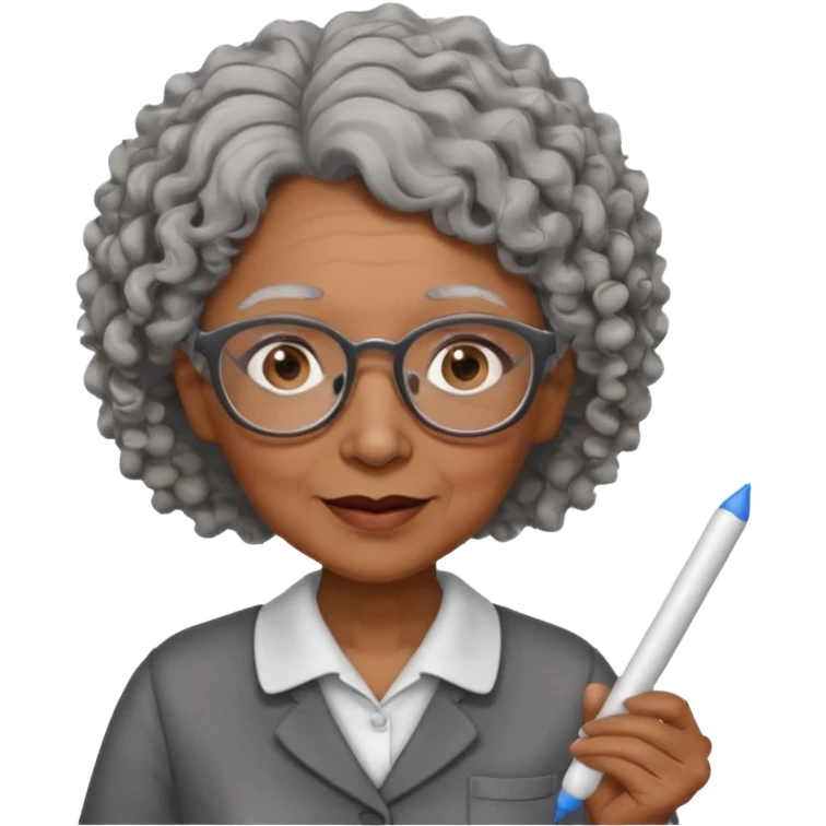 old woman teacher, brown skin, curly grey hai, wearing glasses, hold chalk on hand emoji