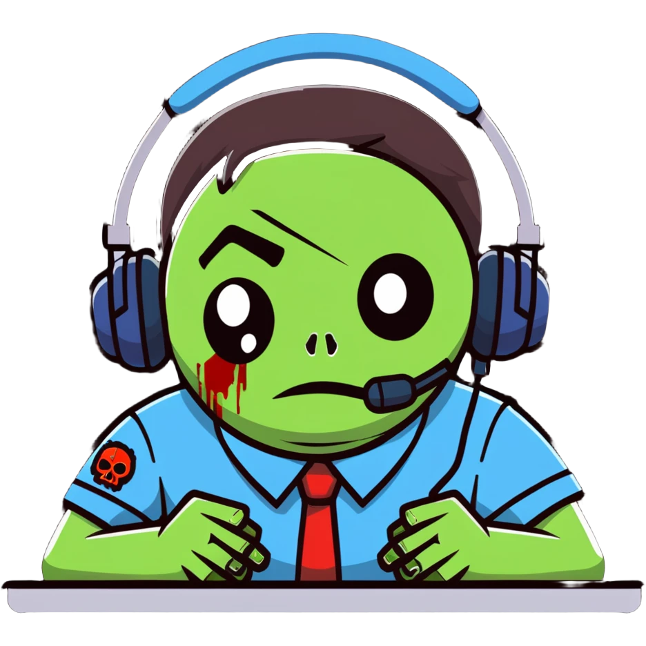 zombie call center employee with headphones, torn uniform, and dead eyes emoji