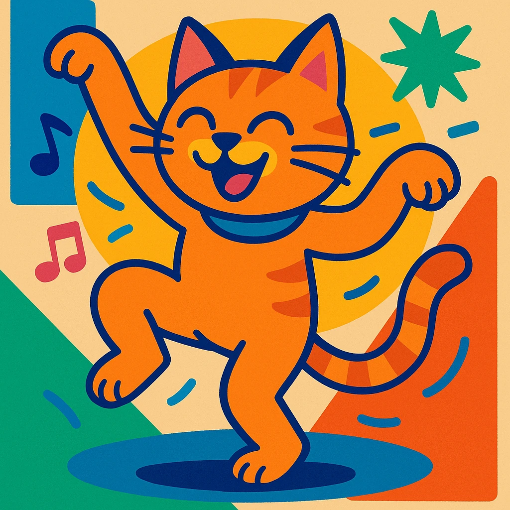gato bailando, estilo divertido, alegre, colores vivos, animado emoji