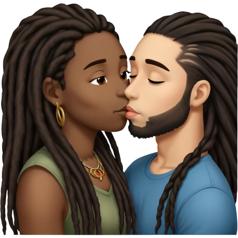 Latina Woman with long hair kissing a young black guy with dreads chin hair emoji