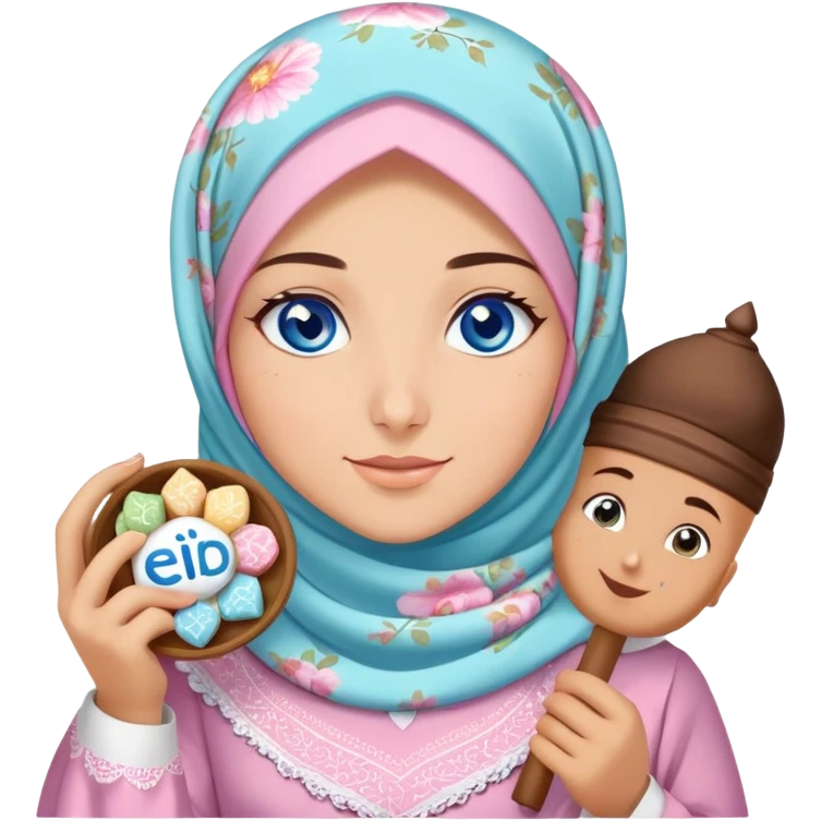 Turkish beautiful finish Konya girl blue eyes with pastel floral hijab islamic dress and had on her hand text Eid Mubarak with sweets and celebrating with her friends eid days   emoji