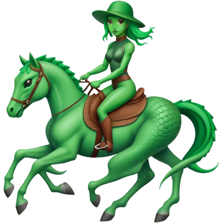 reptilian alien green woman, rides horse emoji