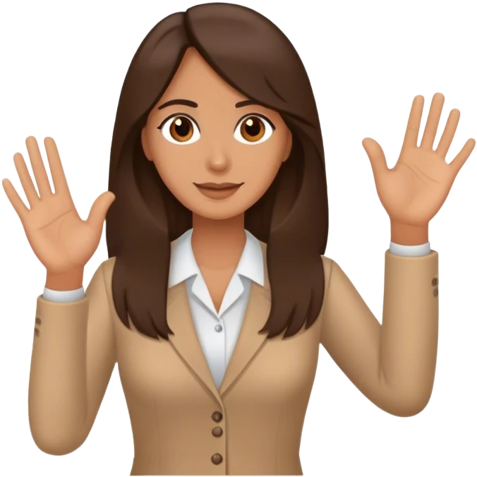 A teacher with long brunette hair and brown eyes, saying hallo with the hand emoji