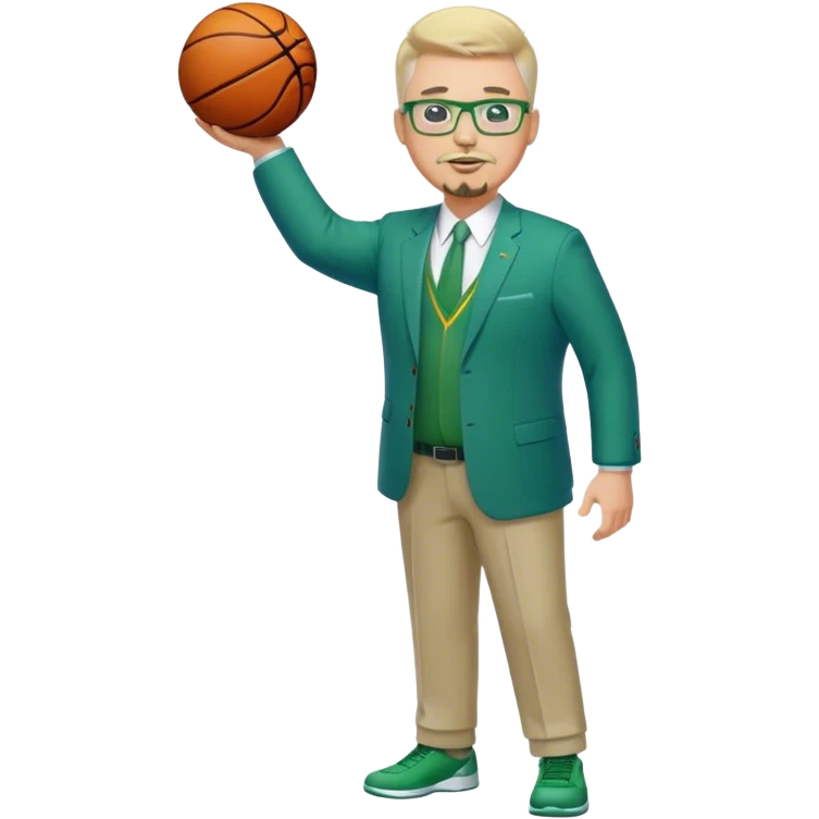 Full Body white male plus size wearing glasses with a goatee with light blonde and gray very short hair happy basketball head Coach in blue and green suit emoji