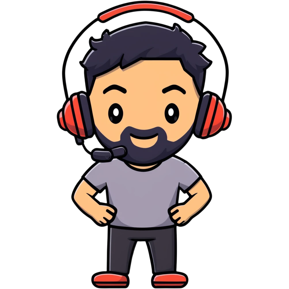 Animated happy man with black hair, brown eyes, black beard, gaming headset emoji