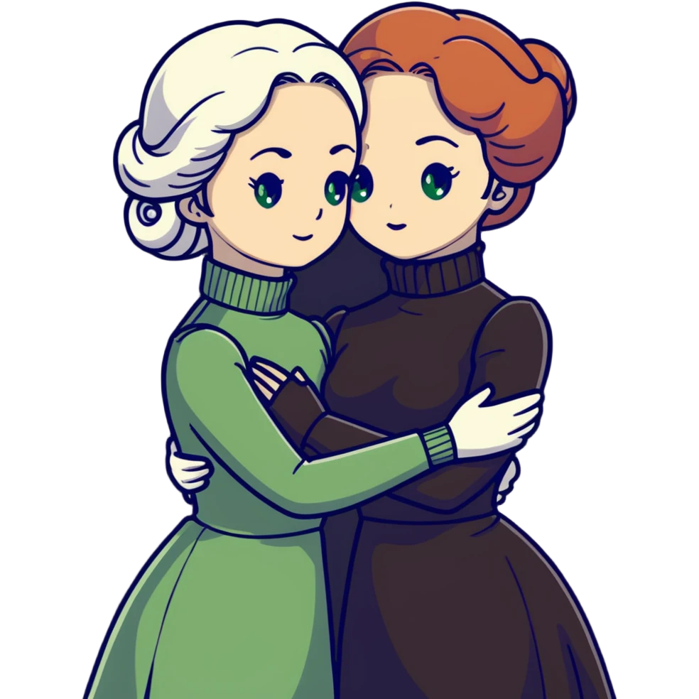 Two Victorian women with light green eyes embracing sadly. One has bright white coiffed hair, the other has dark copper coiffed hair. Both wearing Victorian turtleneck dresses, hugging tightly emoji