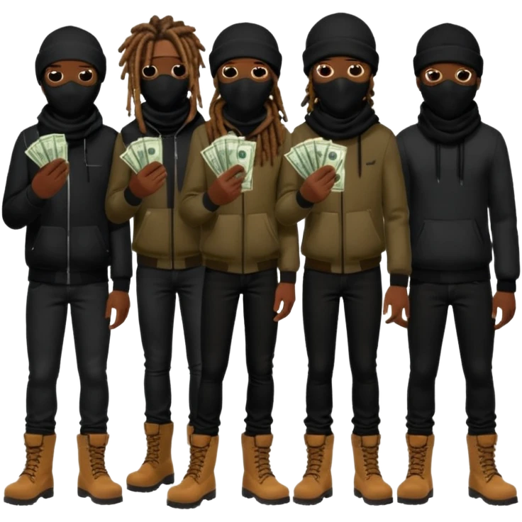 Group of African American men with dreadlocks wearing black ski masks covering their face wearing black skinny jeans and black timberland boots holding money and drugs emoji