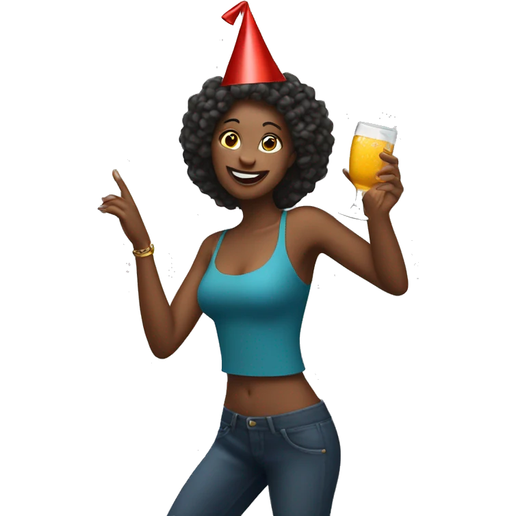 Woman dancing with drink in her hand wearing party hat emoji