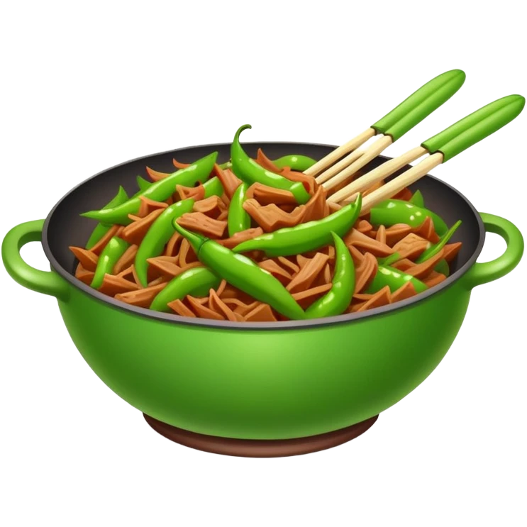Green Pepper with Shredded Pork in wok, simplified emoji style with bold outlines and bright colors, cartoon style Qing Jiao Rou Si homestyle dish emoji