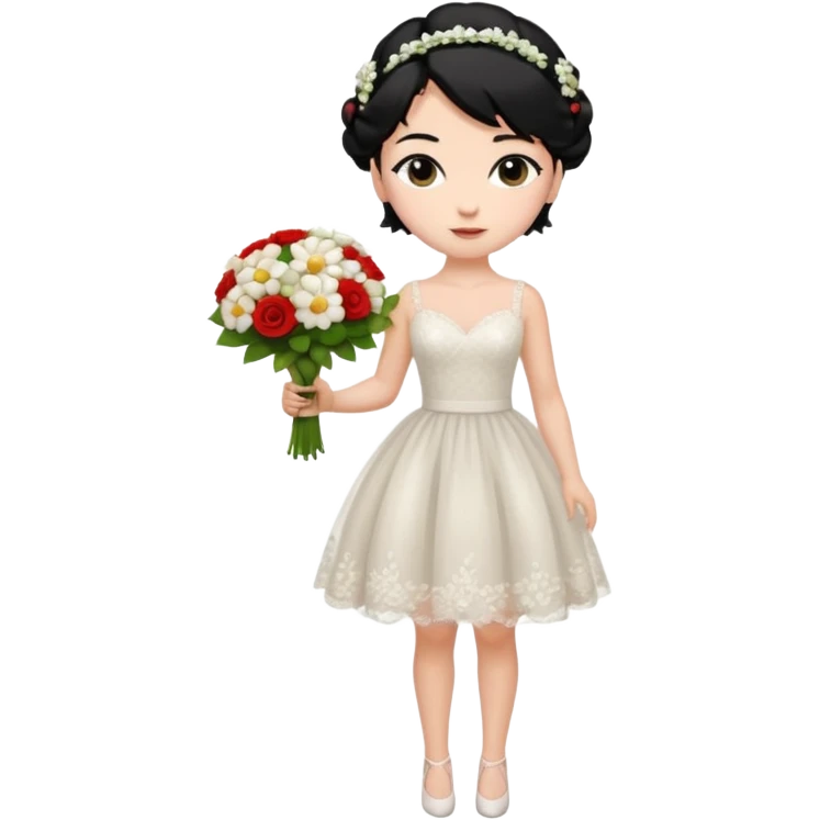 Chica blanca,cuerpo entero, vestido boda corto, pelo negro,   1 ramo de flores , pelo recogido con mechones emoji