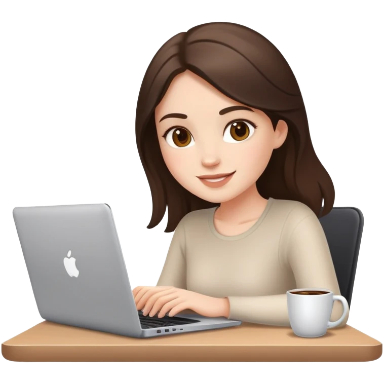 white brunette girl with laptop and coffee cheerful expression emoji