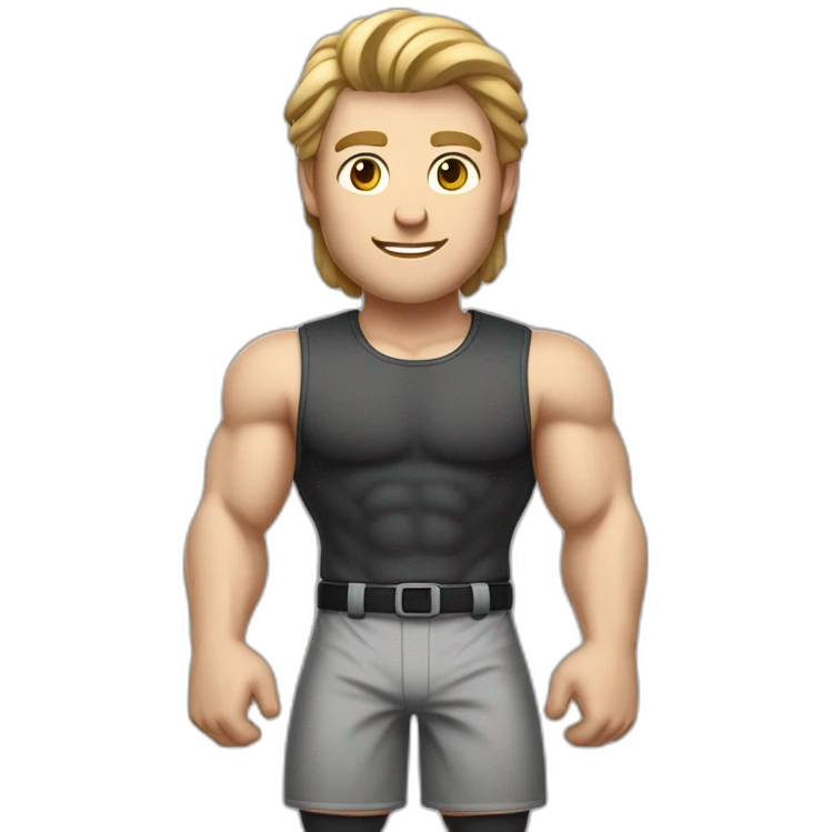To belt Actively gesturing with hands Pale skinned Fit Man With the biceps and light brown hair in dark gray Sleeveless Mike, black oversize sports shorts and white Sneakers emoji