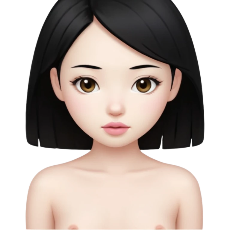 Pale Naked human asian girl with black hair and pale pink big lips showing petite boobs with nipples with no shirt on emoji