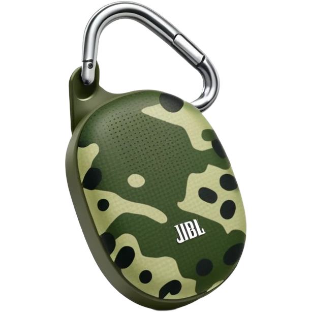 Super simplified JBL Clip 4 speaker, abstract oval shape with tiny carabiner and minimal green camo dots, iOS emoji style emoji