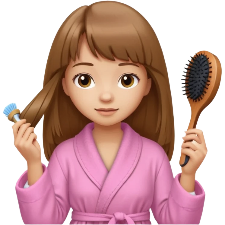 a girl with light skin and medium brown long hair with bangs who is brushing her hair with a hairbrush and she is wearing a light pink bathrobe emoji