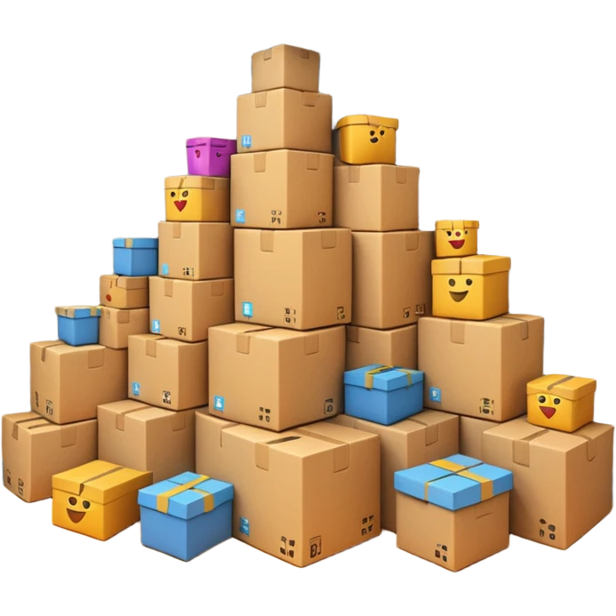 Generate a realistic emoji-style of a overfilled storage room where the packages dont have much space and everything seems chaotic and te packages are falling over emoji