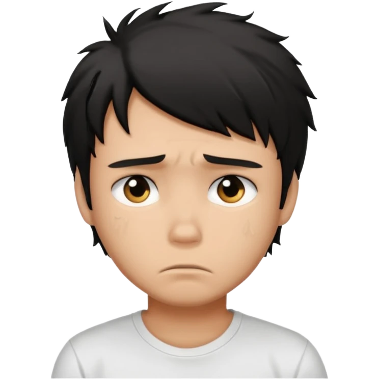 generate a pretty tan bratz boy with black messy hair looking sad. Wearing a white tshirt emoji