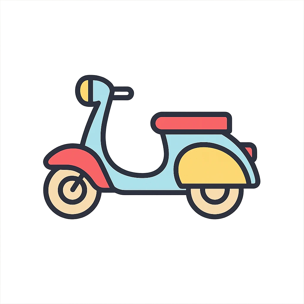 vintage Vespa scooter, color outline icon style, playful colors, black outlines, friendly and inviting emoji