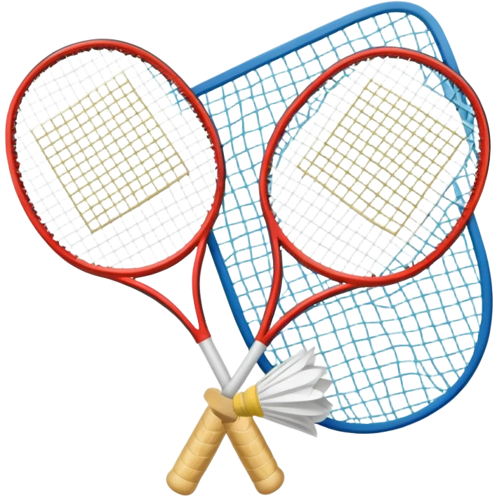 Two crossed badminton rackets with a shuttlecock resting in between, set against the faint outline of a badminton court. The image highlights the tools of the sport, with a subtle emphasis on the court's net and boundaries, symbolizing competition and skill. emoji