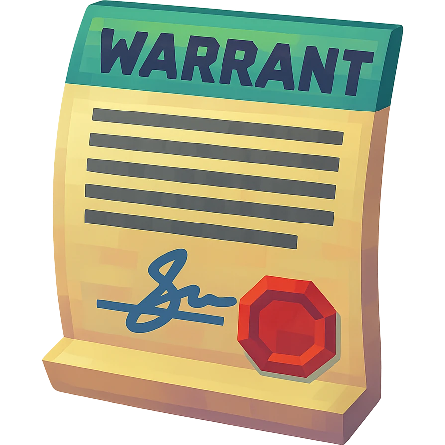 Create a realistic 3D icon of a legal document labeled 'WARRANT' at the top, with body text, signature, and stamp at the bottom. The icon should be more 3D and icon-like, brightly lit, with a transparent background. Exclude any gavel or handcuffs. emoji
