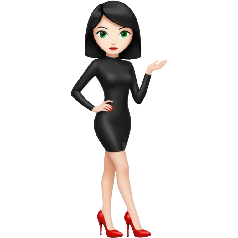 🕵🏻‍♀️💦🧥 black hair , green eyes , full body , red high heels , black latex dress , emoji