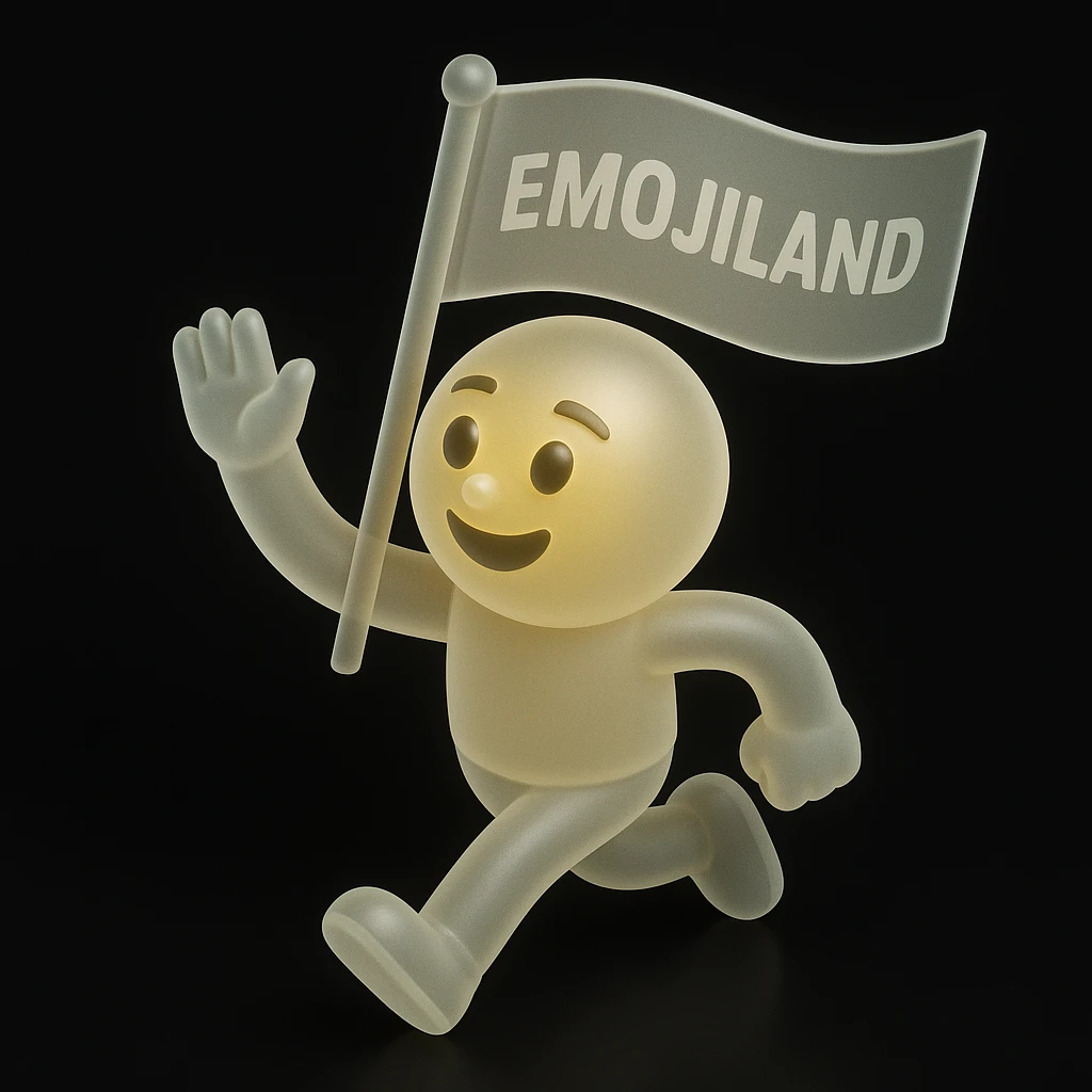 happy runner waving a flag that says 'emojiland' emoji