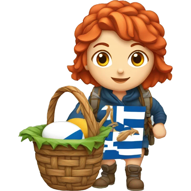 Greek red hair female winter mountaineer climbing with Easter eggsbasket and Greek flag emoji