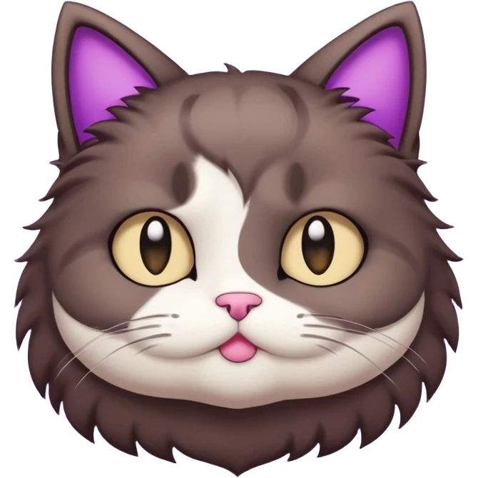 a dark-brown fluffy cute kawaii anime cat thinking frowning thoughtfully, saying “hmm” with a purple speech bubble emoji