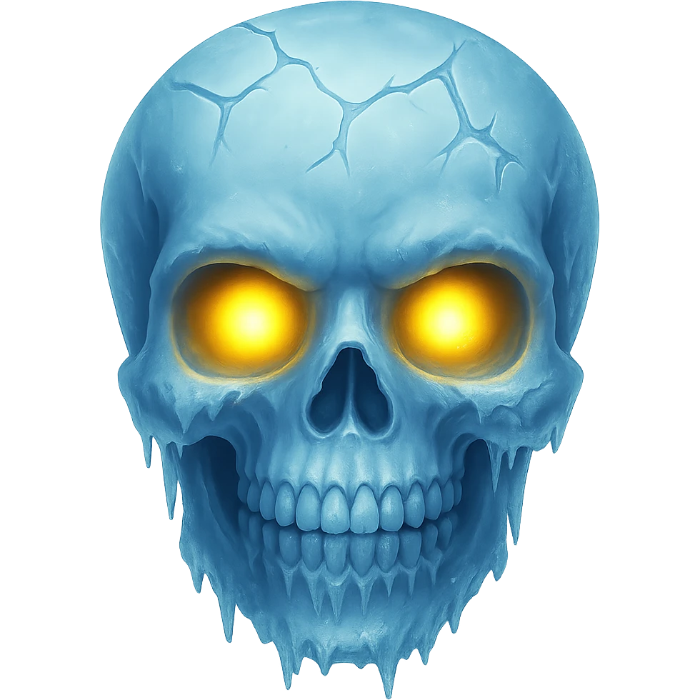 Add glowing eyes to the frozen skull while keeping the icy frost and frozen expression. The image should have no background. Maintain the frozen skull style and icy details. emoji