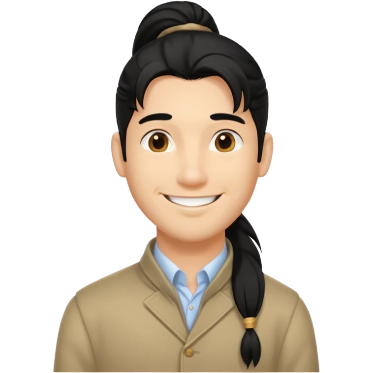 black long pony tail hair man with polite outfit smile warmly emoji