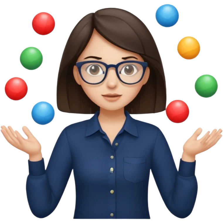 a brunette girl in a navy shirt wearing glasses is  juggling  with two hands  emoji