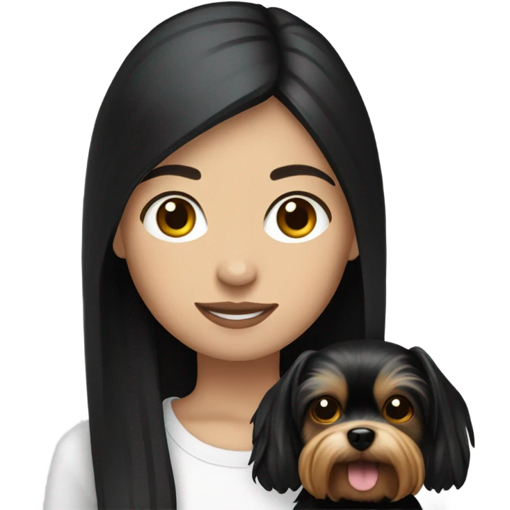 teenage white girl with black straight hair holding a yorkie dog emoji