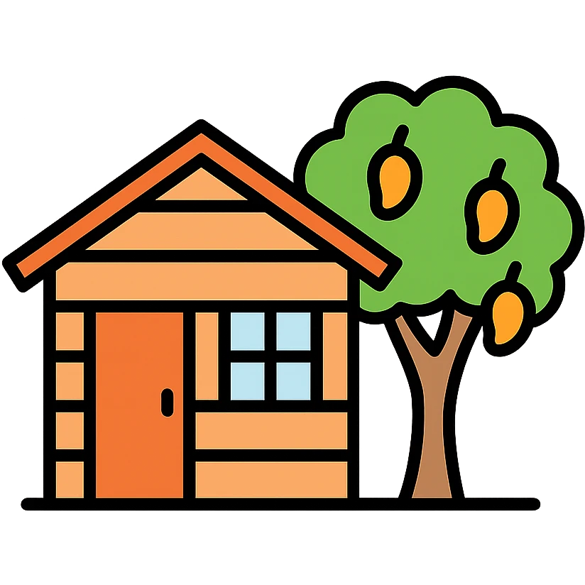 A simple light brown wooden house from a barrio with a mango tree to the side emoji
