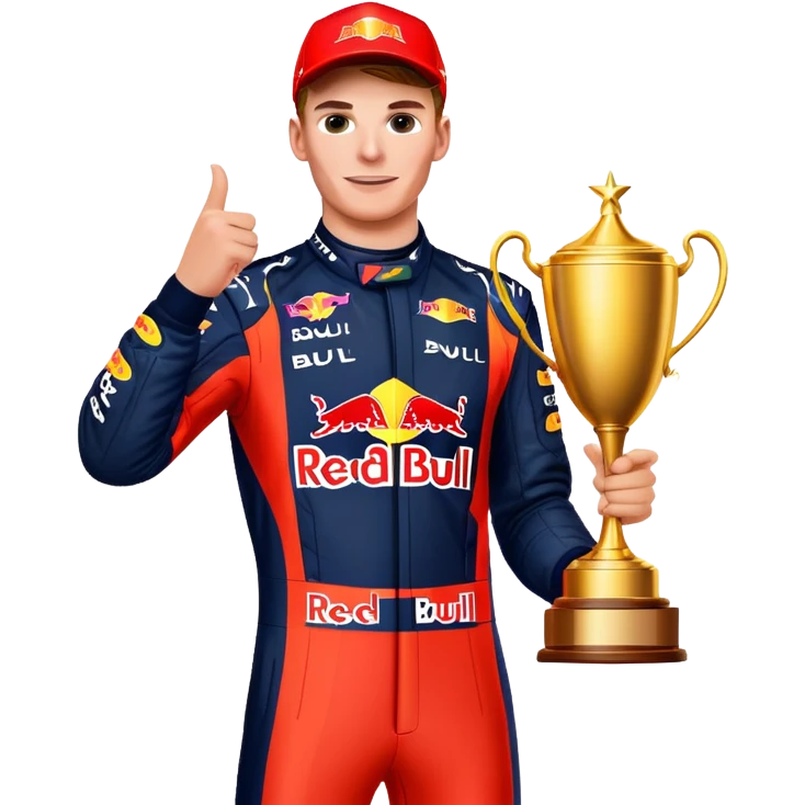 Max Verstappen celebrating with trophy, Red Bull racing suit, no text emoji