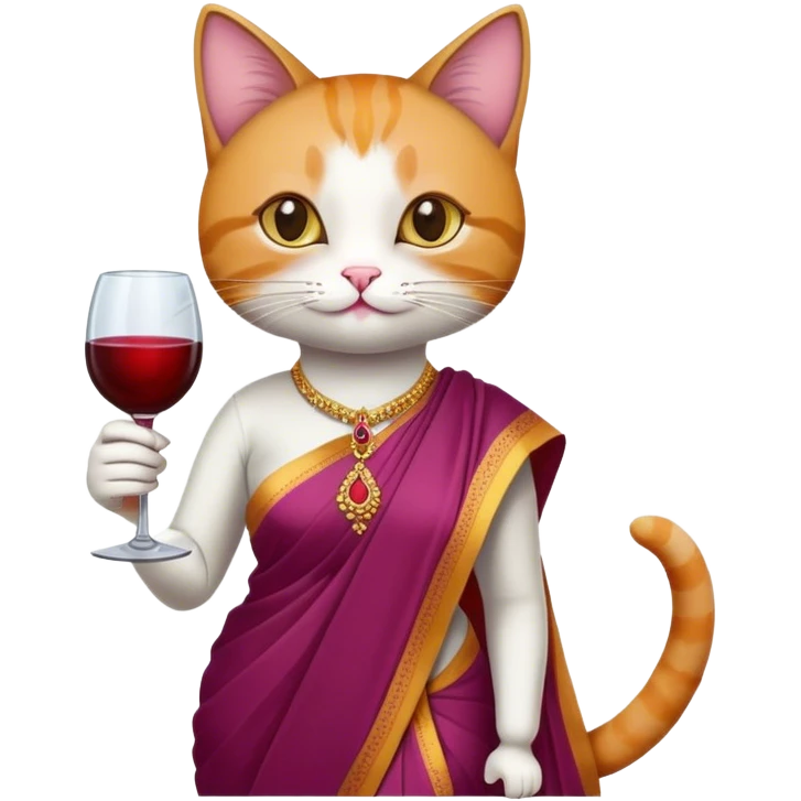 Cat wearing saree and wine bottle in one and wine glass in another hand emoji