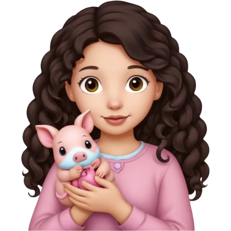 Ragazza bellissima capelli lunghi scuri con piccolo maialino emoji