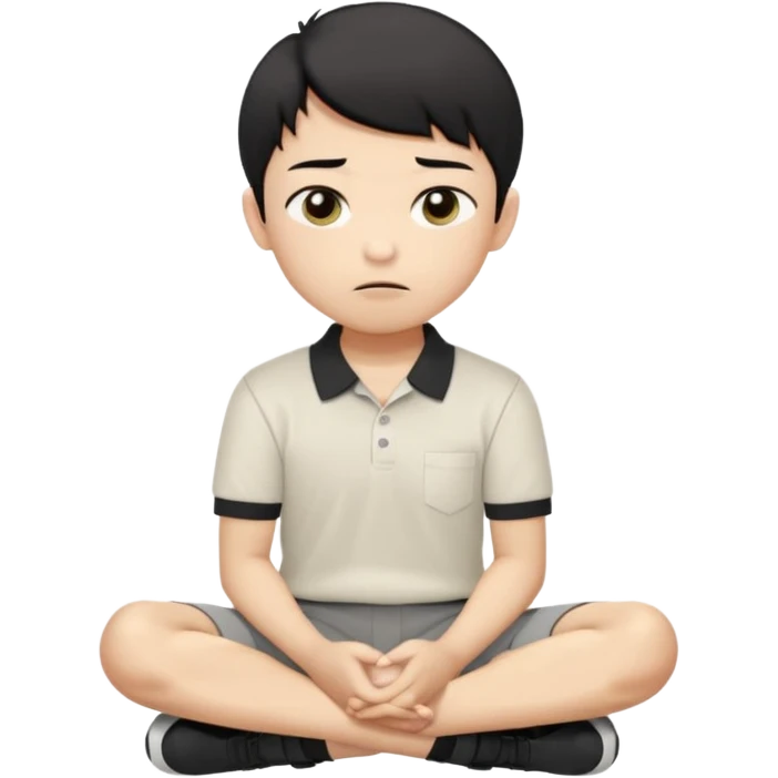 A cartoon young Asian boy with short black hair, light beige skin, and large expressive eyes, wearing a white polo shirt, gray pants, and black shoes. He sits cross-legged on the ground, one fist resting on his cheek, with a closed-mouth smirk. Clean lines, flat colors, solid black background. emoji