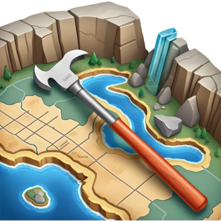 An icon featuring a crowbar and chisel, a geological map, and layers of Earth’s crust, symbolizing geology. The design includes mineral samples, fossils, and tectonic plates, representing the study of Earth’s structure and natural processes. Transparent background highlights geological exploration emoji