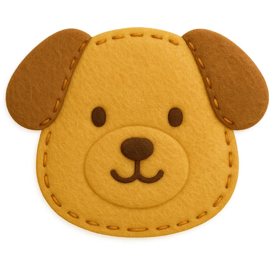 <StylePrompt>
  <Name>Minimal Felt Appliqué Icon</Name>
  <Description>
    A soft, handcrafted felt icon style with lightly padded forms, simple shapes, and clean outlines. Features slightly more visible stitching for tactile charm while maintaining a low-detail aesthetic.
  </Description>
  <VisualProperties>
    <Material>Felt</Material>
    <Texture>Soft, matte surface with subtle fiber detail</Texture>
    <Stitching>
      <Type>Threaded edge stitch</Type>
      <Color>Muted orange or warm brown</Color>
      <Pattern>Evenly spaced running stitch around edges</Pattern>
      <Thickness>Medium (approximately 10% more pronounced than minimal)</Thickness>
      <Contrast>Moderate (stitch color clearly distinct from base felt)</Contrast>
    </Stitching>
    <Padding>Low to moderate—slightly raised but not deeply dimensional</Padding>
    <Edges>Smooth and rounded with clean curves</Edges>
    <ColorPalette>
      <Primary>Warm yellows, oranges, and browns</Primary>
      <Accent>Dark brown for facial features</Accent>
      <Background>Neutral off-white or soft beige</Background>
    </ColorPalette>
  </VisualProperties>
  <FacialFeatures>
    <Eyes>Small round dots</Eyes>
    <Nose>Simple oval or triangle</Nose>
    <Mouth>Minimal curved line or none</Mouth>
    <DetailLevel>Low</DetailLevel>
  </FacialFeatures>
  <Rendering>
    <Lighting>Soft and diffused</Lighting>
    <Shadows>Subtle, barely visible</Shadows>
    <Perspective>Front or side profile, flat angle</Perspective>
  </Rendering>
  <Applicability>
    <SubjectType>Animals, symbols, objects</SubjectType>
    <OutputFormat>Icon, patch, or sticker</OutputFormat>
  </Applicability>
</StylePrompt>

{subject} = dog emoji