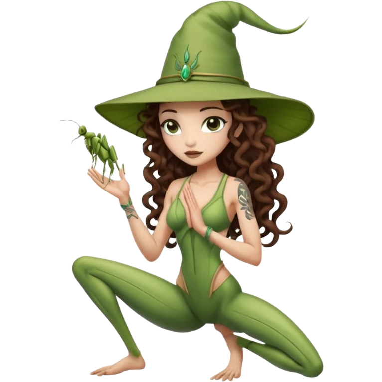 full body woman long curly brown hair brown eyes white skin tattoos muscular build praying mantis hat couture emoji