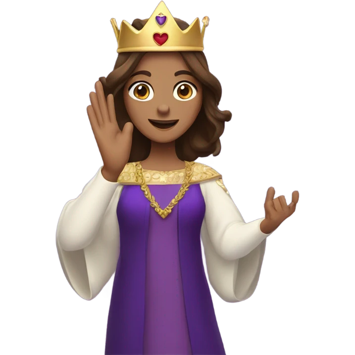 Caucasian long  brunette woman wearing formal royal purple robes and a crown whose shows hearts to the man she adores  emoji