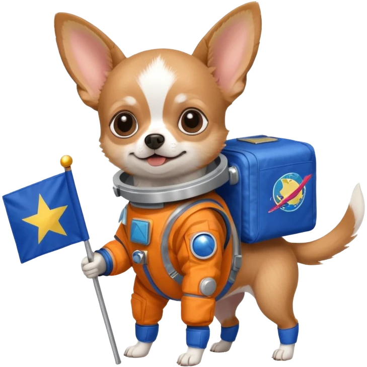 a chihuahua dog in space suit, holding blue rectangle flag, full body, front view emoji