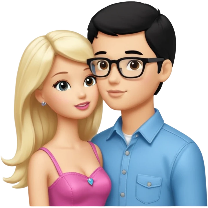 pretty light blonde girl barbie kissing boy nerd with black hair and tan skin on the cheek emoji