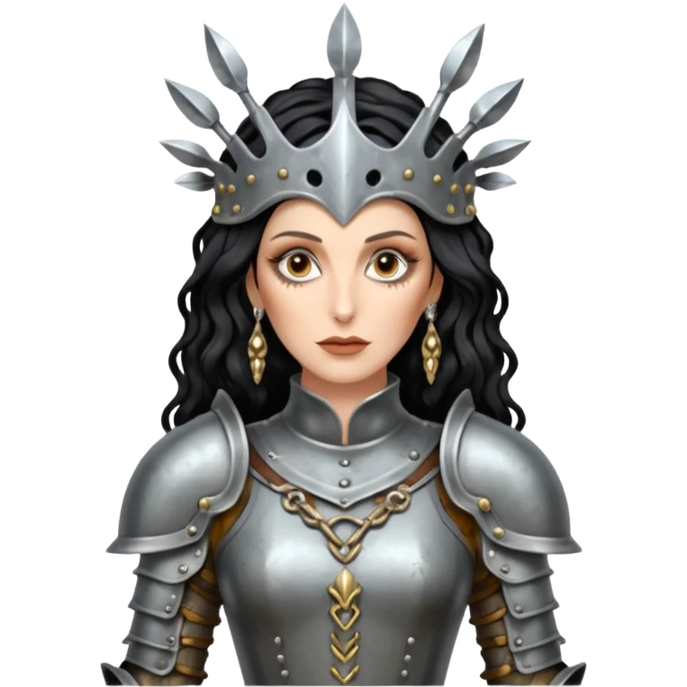 realistic cinematic actress Cher in baroque styling like Joan of Arc dirty damaged armor in a forest emoji