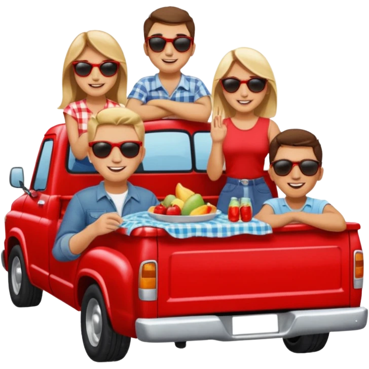 People having a picnic in the back of a red pick up truck emoji